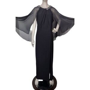 Vintage Scarlett Black Beaded Elegant Flowy Sheer Capelet Slit Formal Maxi Dress